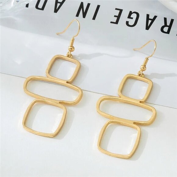 2/$24 Geometric Gold-Tone Dangling Earrings With Open Square Shapes - Picture 4 of 9
